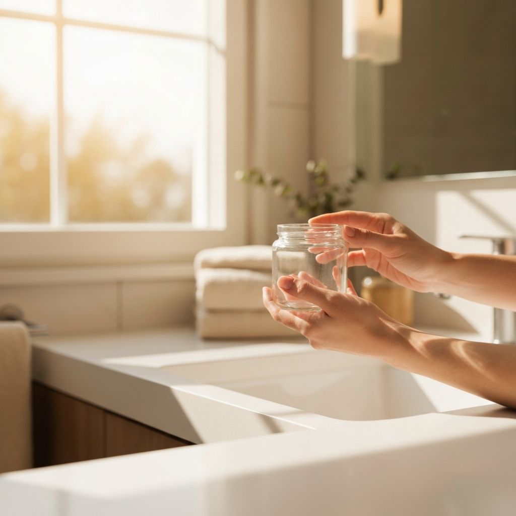 Escena de rutina matutina con productos de cuidado